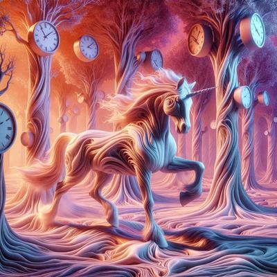 Primary subject: A white unicorn with a flowing mane and tail, standing in a forest with trees and clocks.

Setting/background: The unicorn is standing in a forest with trees and clocks. The clocks are scattered throughout the scene, adding a unique and artistic touch to the image.

Visual style: The image is a digital art piece, featuring a surreal and whimsical scene with the unicorn and clocks.

Colors and mood: The image has a vibrant and lively color palette, with the white unicorn standing out against the backdrop of the forest and clocks. The overall atmosphere is playful and imaginative.